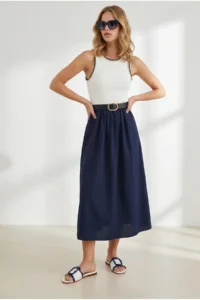 Olalook Women's Navy Blue Belted Collar Accessory Dress - Image 2