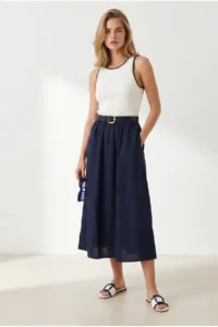 Olalook Women's Navy Blue Belted Collar Accessory Dress - Image 3