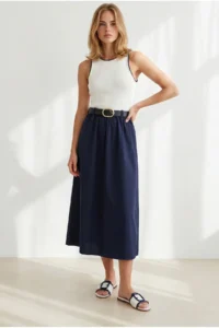 Olalook Women's Navy Blue Belted Collar Accessory Dress - Image 4