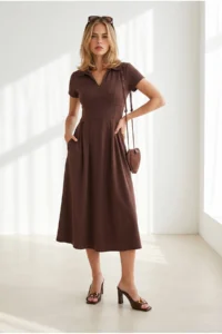 Olalook Women's Brown Polo Neck Pocketed Pleated Flowy Dress - Image 2