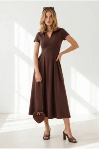 Olalook Women's Brown Polo Neck Pocketed Pleated Flowy Dress - Image 3