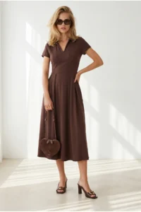 Olalook Women's Brown Polo Neck Pocketed Pleated Flowy Dress - Image 4