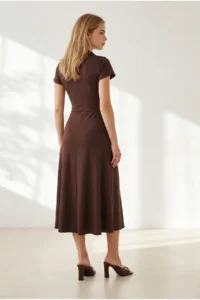 Olalook Women's Brown Polo Neck Pocketed Pleated Flowy Dress - Image 5