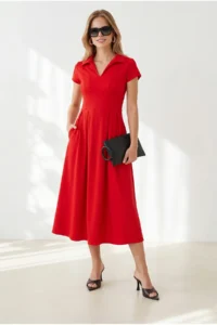 Olalook Women's Red Polo Neck Pocket Pleated Flowy Dress