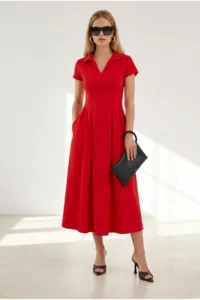 Olalook Women's Red Polo Neck Pocket Pleated Flowy Dress - Image 2