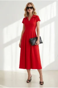 Olalook Women's Red Polo Neck Pocket Pleated Flowy Dress - Image 3