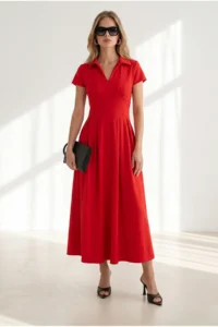 Olalook Women's Red Polo Neck Pocket Pleated Flowy Dress - Image 4