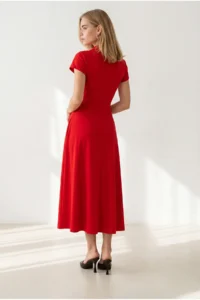 Olalook Women's Red Polo Neck Pocket Pleated Flowy Dress - Image 5