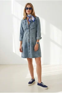 Olalook Women's Blue Pocket Snap Closure Mini Denim Dress - Image 2