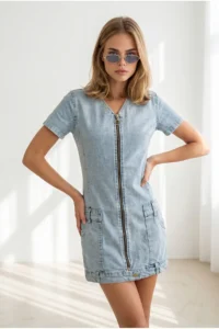 Olalook Women's Blue V-Neck Zippered Mini Denim Dress - Image 5