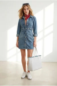 Olalook Women's Blue Waist Detailed Mini Denim Dress
