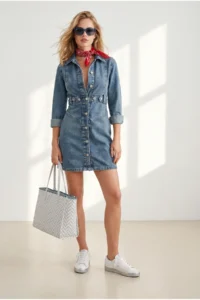 Olalook Women's Blue Waist Detailed Mini Denim Dress - Image 3
