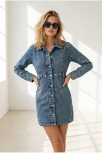 Olalook Women's Blue Waist Detailed Mini Denim Dress - Image 4