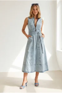 Olalook Women's Light Blue Half-Length Zippered Slit Long Denim Dress