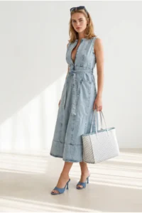 Olalook Women's Light Blue Half-Length Zippered Slit Long Denim Dress - Image 2