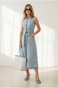 Olalook Women's Light Blue Half-Length Zippered Slit Long Denim Dress - Image 3