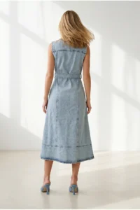 Olalook Women's Light Blue Half-Length Zippered Slit Long Denim Dress - Image 4