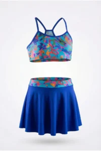 Endeep Girl's Blue Bustier Skirt Two-Piece Patterned Swimsuit Bikini Set