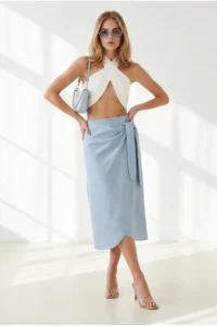 Olalook Women's Blue Tie Detailed Wrap Midi Linen Skirt - Image 2