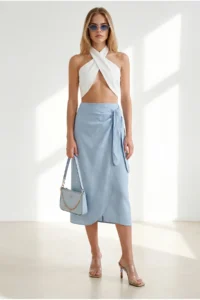 Olalook Women's Blue Tie Detailed Wrap Midi Linen Skirt - Image 4
