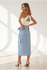 Olalook Women's Blue Tie Detailed Wrap Midi Linen Skirt - Image 6