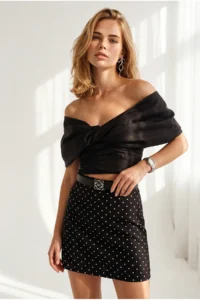 Olalook Women's Black Zippered Lined Mini Polka Dot Skirt - Image 2