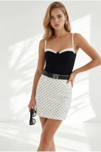 Olalook Women's White Zippered Lined Mini Polka Dot Skirt - Image 2
