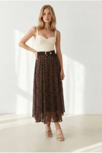 Olalook Women's Brown Lined Polka Dot Maxi Skirt
