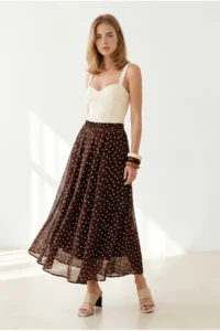 Olalook Women's Brown Lined Polka Dot Maxi Skirt - Image 2