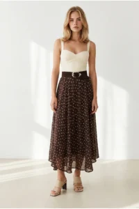 Olalook Women's Brown Lined Polka Dot Maxi Skirt - Image 3