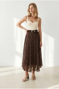 Olalook Women's Brown Lined Polka Dot Maxi Skirt - Image 4