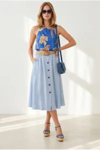 Olalook Women's Blue Straw Belt Detailed Buttoned Pocket Flared Skirt