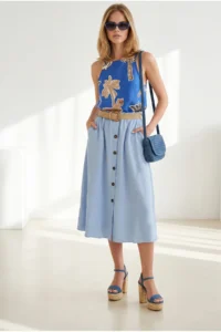 Olalook Women's Blue Straw Belt Detailed Buttoned Pocket Flared Skirt - Image 2
