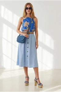 Olalook Women's Blue Straw Belt Detailed Buttoned Pocket Flared Skirt - Image 3
