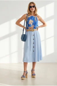 Olalook Women's Blue Straw Belt Detailed Buttoned Pocket Flared Skirt - Image 4