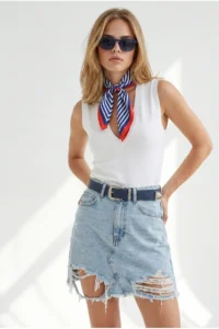 Olalook Women's Blue Snow Ripped Detailed Tasseled Denim Mini Skirt - Image 2