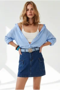 Olalook Women's Dark Blue Buttoned Mini Denim Skirt with Side Pockets - Image 2