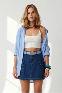 Olalook Women's Dark Blue Buttoned Mini Denim Skirt with Side Pockets - Image 3