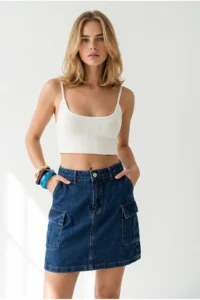 Olalook Women's Dark Blue Buttoned Mini Denim Skirt with Side Pockets - Image 4