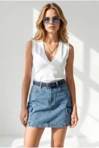 Olalook Women BLUE 4 with pocket Mini DENIM Skirt