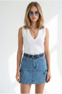Olalook Women BLUE 4 with pocket Mini DENIM Skirt - Image 2