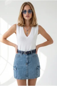 Olalook Women BLUE 4 with pocket Mini DENIM Skirt - Image 3