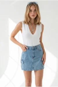 Olalook Women BLUE 4 with pocket Mini DENIM Skirt - Image 4