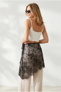 Olalook Women's Black Asymmetrical Lace Mini Pareo Skirt - Image 4