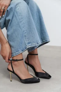Nisantasi Shoes Vela Black Satin Ankle Tied Toe Light Detailed Women Heels Shoes - Image 7