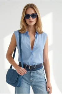 Olalook Women Bebe BLUE Sleeveless Viscose Shirt - Image 4