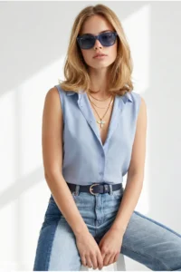 Olalook Women Bebe BLUE Sleeveless Viscose Shirt - Image 5