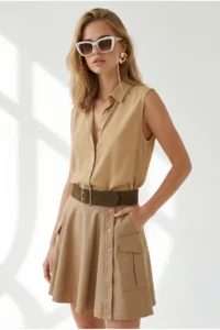 Olalook Women Beige Sleeveless Viscose Shirt - Image 3
