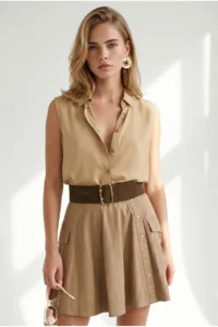 Olalook Women Beige Sleeveless Viscose Shirt - Image 4