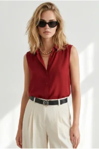 Olalook Women Burgundy Sleeveless Viscose Shirt